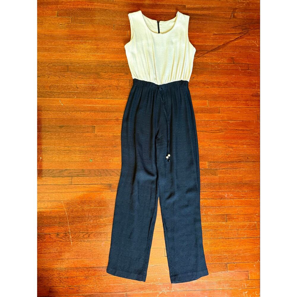 Vintage 70s Neutral Beige Black Gauzy Sleeveless Jumpsuit One Piece Boho Small